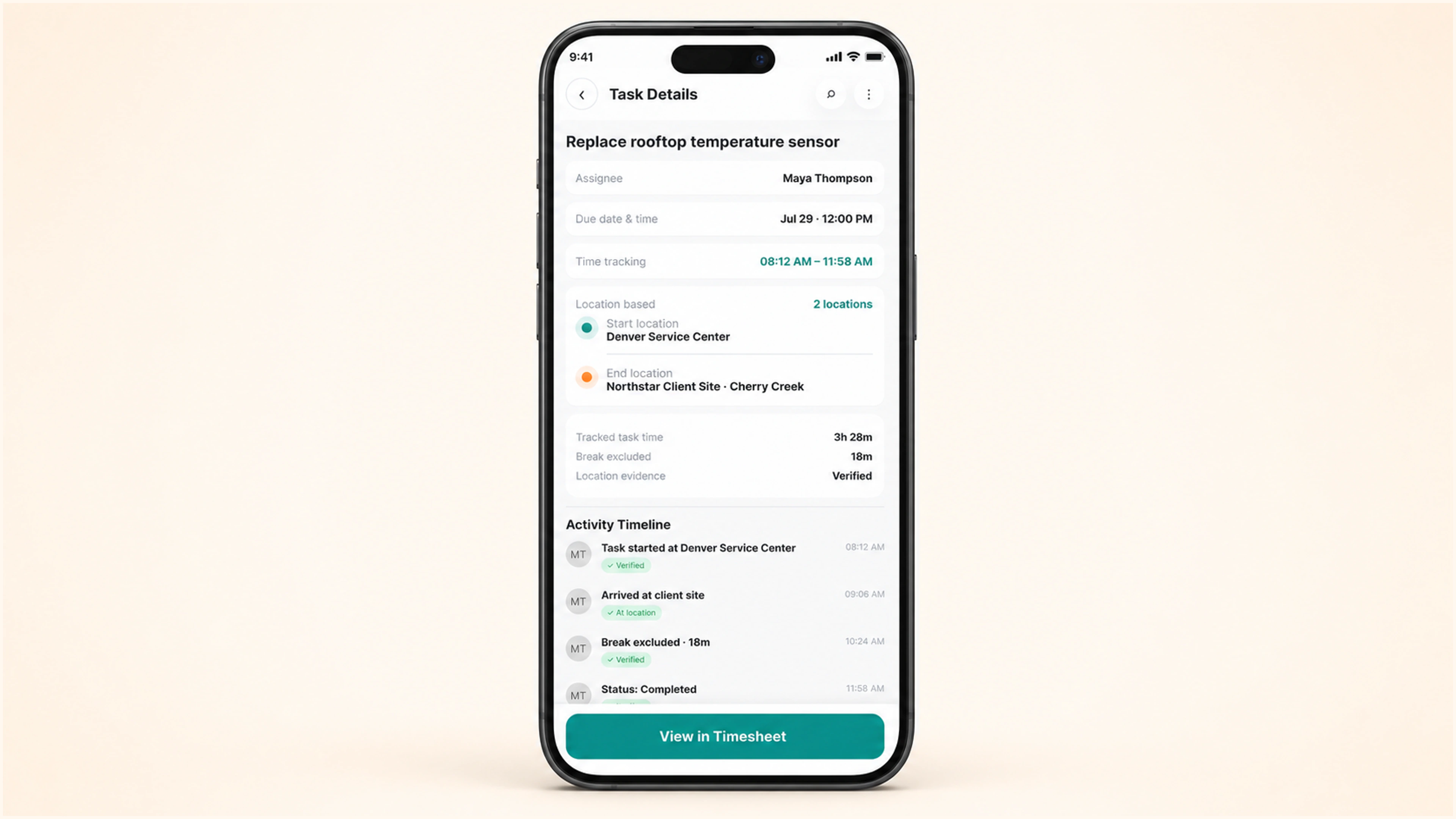 Task Tracking: Carry verified task evidence into LiveOps and timesheets.