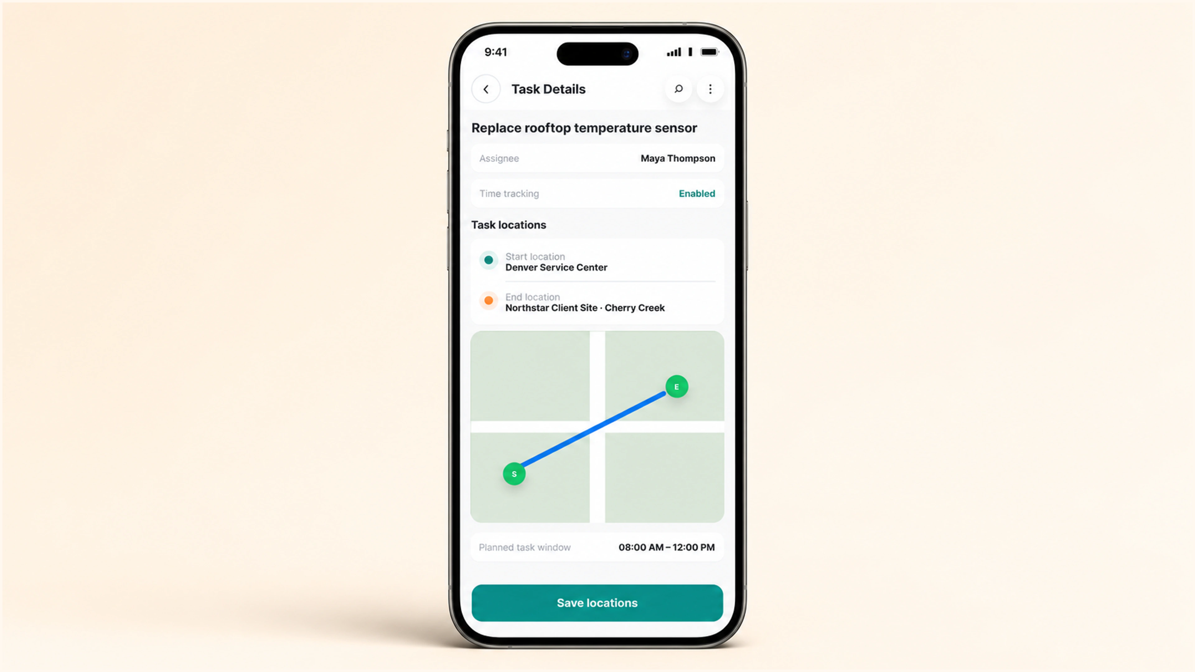 Task Tracking: Set the start location and end location before work begins.