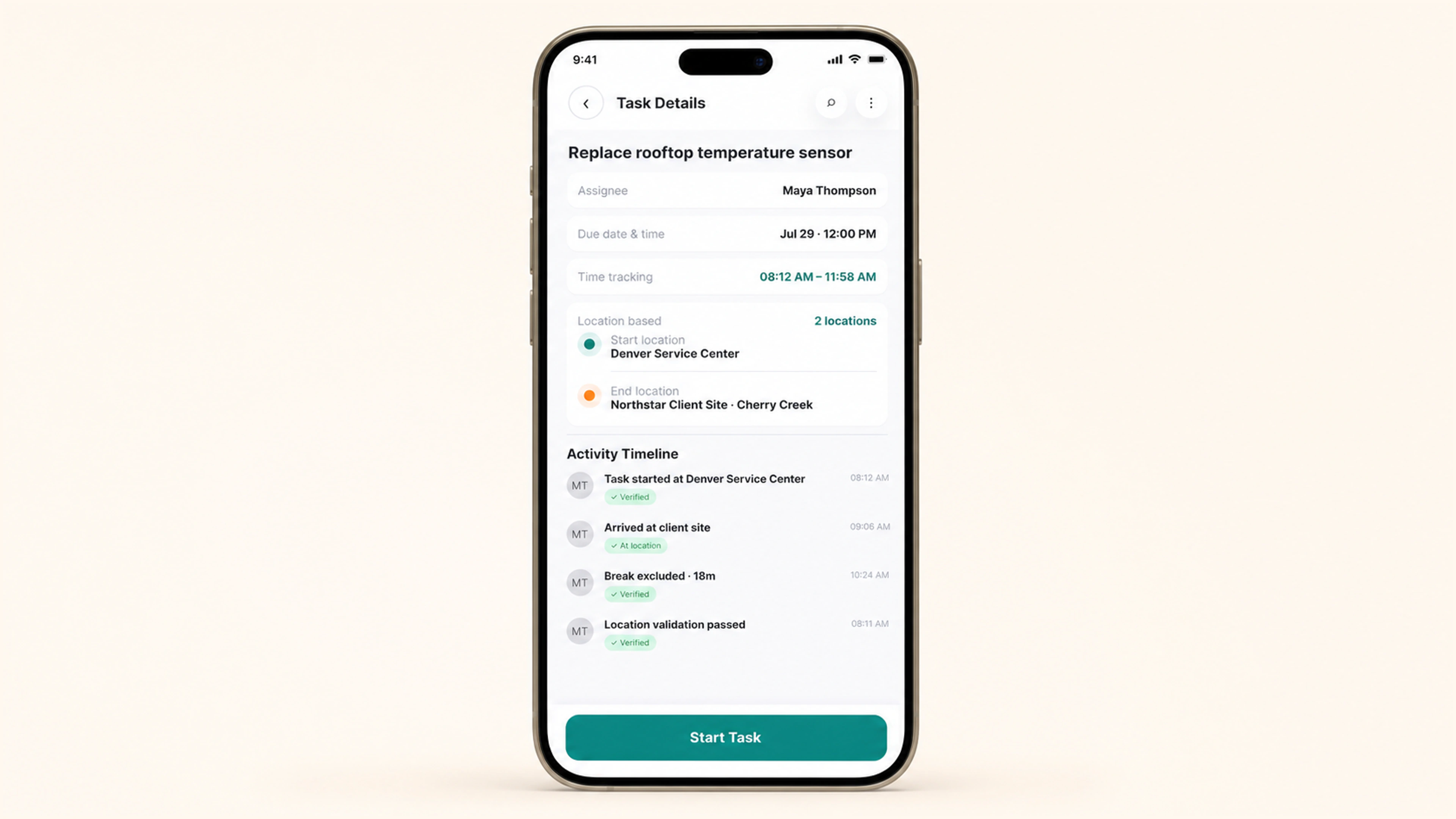 Task Tracking: Verify location before the timer starts.